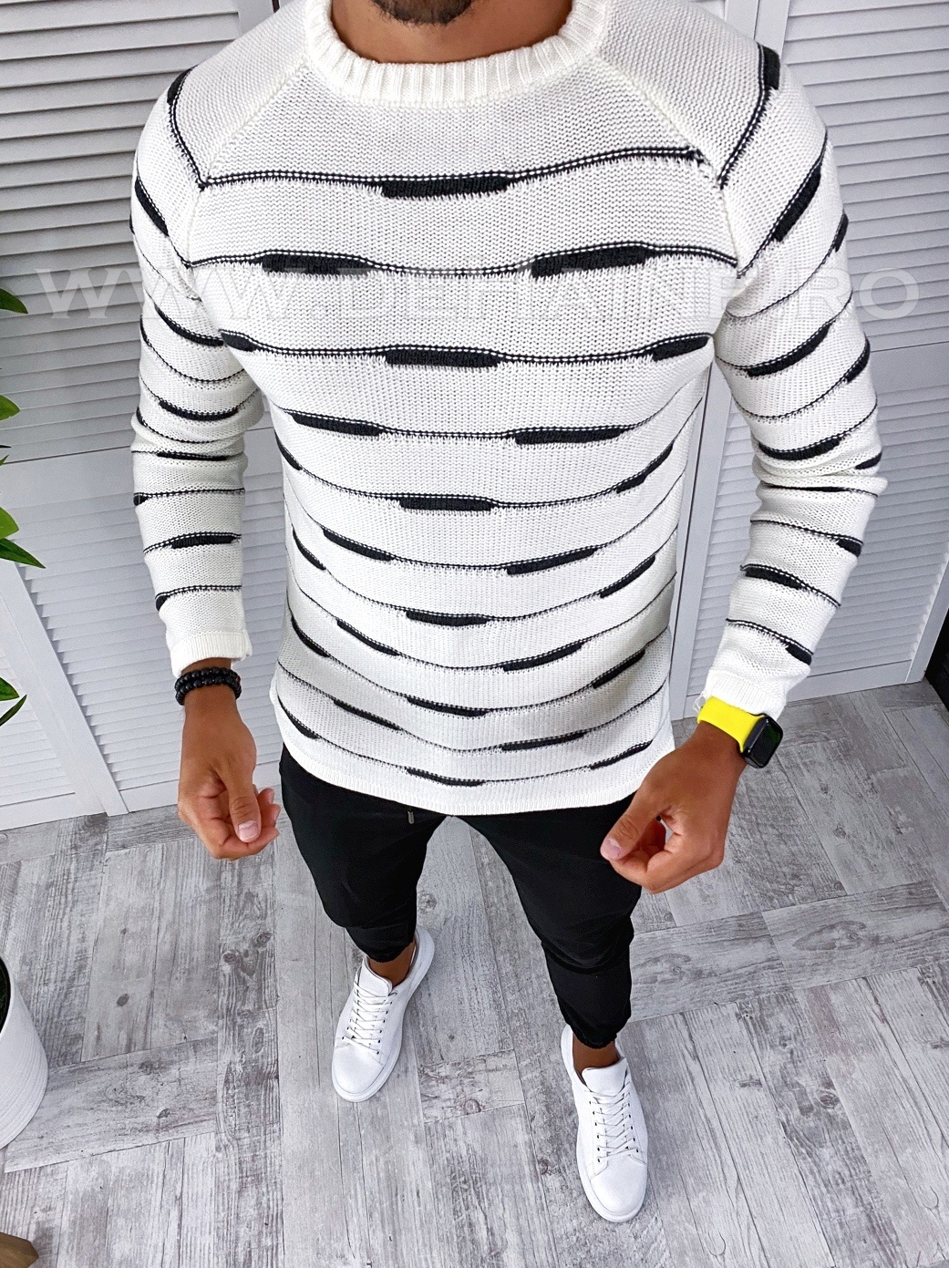 Pulover barbati gros alb slim fit t3622 n5-1